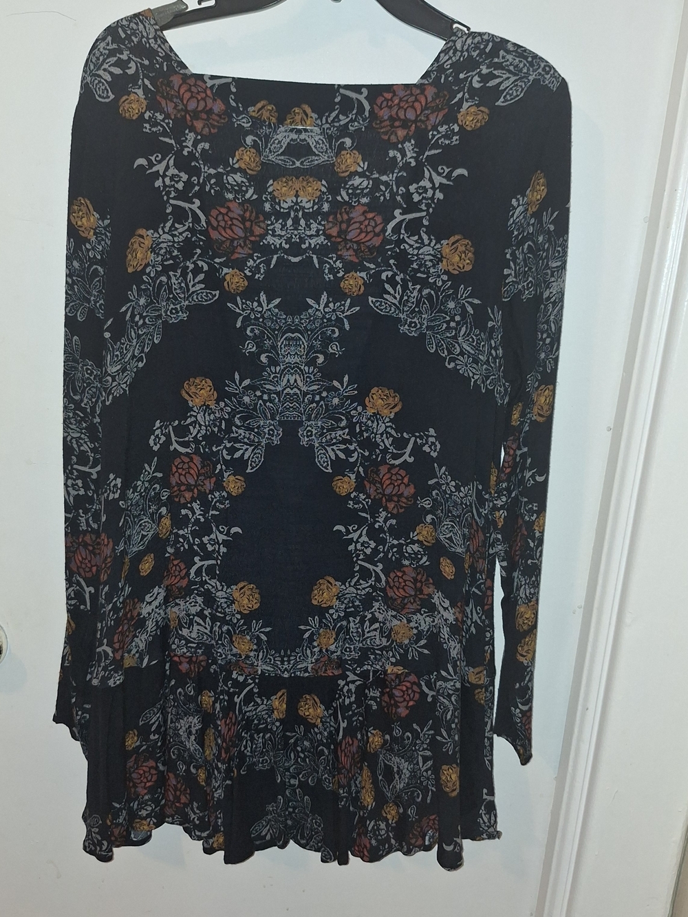 Free People Black Floral Midi Dress with Rust and Mustard Accents